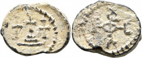 Uncertain, circa 550-650. Seal (Lead, 23 mm, 8.31 g). Mount Calvary: central cross on steps; to left and right, cross. Rev. Uncertain cruciform monogr...