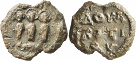 Doulkitios, 6th-7th century. Seal (Lead, 24 mm, 10.96 g, 1 h). The hospitality of Abraham: three nimbate male figure standing facing; below, uncertain...