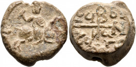 Andreas, koubikoularios, 659-668. Seal (Lead, 19 mm, 15.19 g, 12 h). Andreas on horseback riding right, head facing, holding a roll in cylindrical rec...