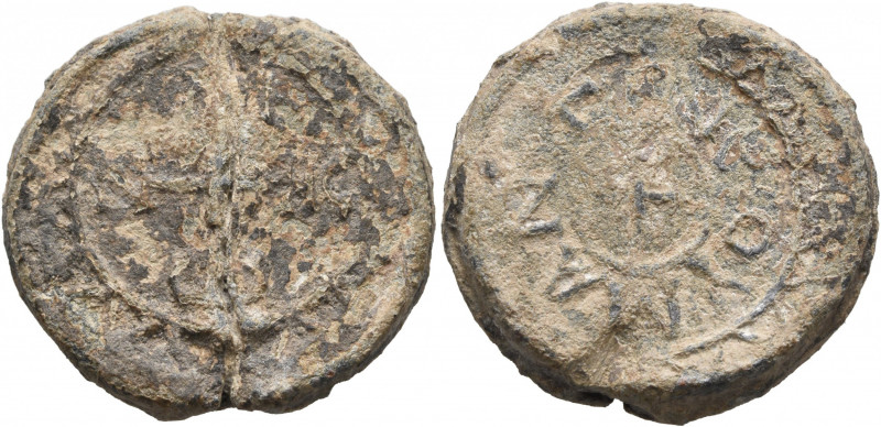 Monastery of Mantineion, 740-800. Seal (Lead, 24 mm, 13.81 g). Cruciform monogra...