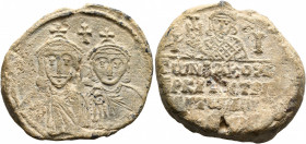 The imperial kommerkia of the strategia of Anatolikon (?), dated indiction 10, 756/757. Seal (Lead, 33 mm, 26.36 g, 12 h). Busts of Constatine V, on t...
