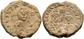 Leo VI the Wise (886-912), with Alexander. Seal (Lead, 26 mm, 11.56 g, 12 h). +IhSЧS X-RIST[OS] Bust of Christ Pantokrator facing, with a large cross ...