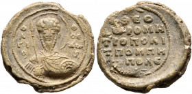 Theodoros, metropolitan bishop of Pompeiopolis, mid 11th century. Seal (Lead, 20 mm, 6.38 g, 12 h). O / A/ΓI/O, - Θ/ЄO/ΔⲰ/P, Nimbate bust of Saint The...