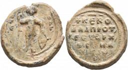 David Senacherim, protovestarches, second third 11th century. Seal (Lead, 31 mm, 21.75 g, 11 h). Θ / Γ/Є-Ⲱ/P/Γ, Saint George standing facing, nimbate,...