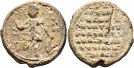Leon Iasites, kouropalates and doux of Armeniakon, 1065-1085. Seal (Lead, 30 mm, 21.00 g, 12 h). [Θ Δ]H/[M]/H-T/PI/OC Saint Demetrios, nimbate, standi...