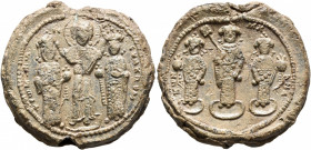 Romanus IV Diogenes, with Eudocia, Michael VII, Constantius, and Andronicus, 1068-1071. Seal (Lead, 29 mm, 24.11 g, 12 h). +PⲰM[A]N S - IC - XC - ЄVΔK...