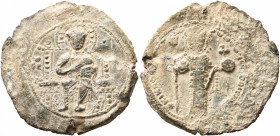 Nicephorus Melissenus, usurper 1080-1081. Seal (Lead, 34 mm, 19.75 g, 12 h). IC - XC Christ seated facing on an ornate and high-backed throne, wearing...