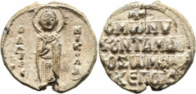 Nikolaos Maurozomes, 11th century. Seal (Lead, 28 mm, 11.34 g, 12 h). O / Α/Γ/Ι/O/C - N/I/K/O/Λ/A/[O/C?] Saint Nicholas, nimbate, standing facing, rai...