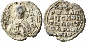 Romanos, bishop of Telmoupharan (Tell-el Fara'in?), circa 11th century. Seal (Lead, 23 mm, 7.68 g, 12 h). O / Є/Λ/Π-I/Δ/I/O, Nimbate bust of Saint Elp...