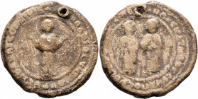 Uncertain, 11th century. Seal (Lead, 32 mm, 26.00 g, 12 h). Uncertain circular legend. The Mother of God “Blachernitissa”, nimbate, standing facing, r...