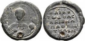 Gabriel, spatharokandidatos and chartoularios, 11th century. Seal (Lead, 24 mm, 12.75 g, 12 h). Nimbate bust of St. Gabriel (?) facing, holding scepte...