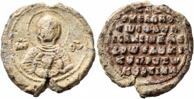 Isaakios Kourtikes, protoproedros and doux of Cyprus, 1050-1150. Seal (Lead, 24 mm, 9.58 g, 11 h). MHP ΘV Nimbate bust of the Mother of God “Nikopoios...