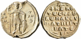 Konstantinos Krateros, anthypatos patrikios, second half 11th century. Seal (Lead, 29 mm, 12.74 g, 12 h). Θ / ΔH/M,-T/PH/O, Saint Demetrios, standing ...