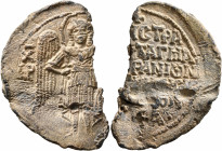 Andronicus II Palaeologus, 1282-1295. Seal (Lead, 25x40 mm, 17.30 g, 12 h). APX - [MX] ('The Archangel Michael') St. Michael standing facing on dais, ...