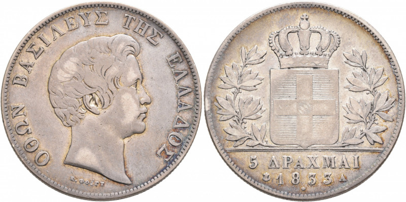 GREECE, Kingdom. Othon, 1833-1862. 5 Drachmai (Silver, 37 mm, 22.17 g, 6 h), Mun...