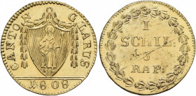 SWITZERLAND. Glarus. Schilling (Billon, 20 mm, 1.22 g, 12 h), 1813. CANTON - GLARUS / 1808 Coat of arms. Rev. 1 / Schil: / 3 Rap: within wreath. HMZ 2...