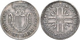SWITZERLAND. Luzern. Stadt. 20 Kreuzer (Silver, 27 mm, 4.45 g, 12 h), 1793. MON:NOV:REIP:LUCERNESIS. Crowned coat of arms. Rev. DOMINUS✱SPES✱POPULI✱SU...