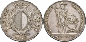 SWITZERLAND. Luzern. Kanton. 4 Franken (Neutaler) (Silver, 39 mm, 29.34 g, 6 h), 1813. CANTON - LUZERN / 1813 Crowned coat of arms. Rev. SCHWEIZER:E -...