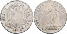 SWITZERLAND. Tessin (Ticino). Kanton. 4 Franken (Neutaler) (Silver, 40 mm, 28.57 g, 6 h), 1814. CANTONE TICINO / 1814 Coat of arms within laurel wreat...