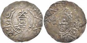 SWITZERLAND. Zürich. Ernst I, 1012-1015, or Ernst II, 1015-1030. Denar (Silver, 20 mm, 0.71 g). TVRECVM Church (?) building. Rev. DVX ERNOST around cr...