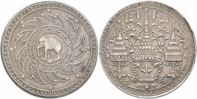 THAILAND. Rattanakosin Kingdom. Rama IV (Mongkut), 1851-1868. Baht (Silver, 30 mm, 15.15 g, 12 h), circa 1860. Indian elephant standing to left within...