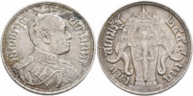 THAILAND. Rattanakosin Kingdom. Rama VI (Vajiravudh), 1910-1925. Baht (Silver, 30 mm, 15.00 g, 6 h), BE 2459 = 1916 AD. Uniformed bust of Rama VI to r...