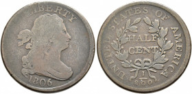 UNITED STATES. Federal Issues. Half Cent (Bronze, 23 mm, 5.09 g, 6 h), Stemless Draped Bust Half Cent, 1806. Fine.


From the collection of a Swiss...
