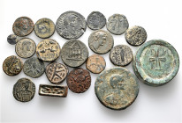 A lot containing 19 bronze coins and 2 bronze weights. Includes: Roman Provincial, Roman Imperial, Byzantine, Islamic. Fair to about very fine. LOT SO...