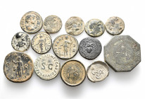 A lot containing 11 bronze coins, 2 bronze weights and 1 lead seal. Including: Greek, Roman Provincial, Roman Imperial, Byzantine, Islamic. Fine to ve...