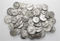A lot containing 55 silver coins. All: Roman Imperial. Fair to fine. Harshly cleaned and porous. LOT SOLD AS IS, NO RETURNS. 55 coins in lot.