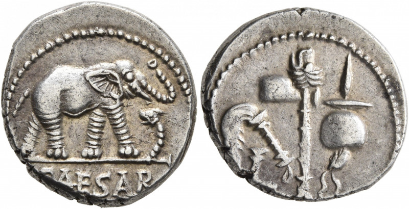 Julius Caesar, 49-44 BC. Denarius (Silver, 17 mm, 3.65 g, 9 h), military mint mo...