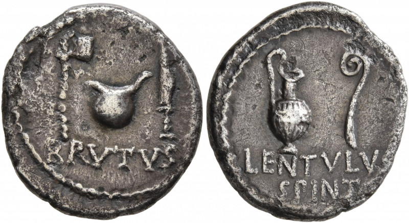 Brutus, † 42 BC. Denarius (Silver, 18 mm, 3.71 g, 12 h), with L. Cornelius Lentu...