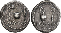 Brutus, † 42 BC. Denarius (Silver, 18 mm, 3.71 g, 12 h), with L. Cornelius Lentulus Spinther, military mint moving with the army of Brutus and Cassius...