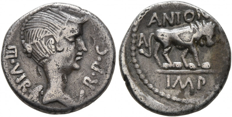 Mark Antony, 44-30 BC. Quinarius (Silver, 13 mm, 1.64 g, 3 h), Lugdunum, early 4...