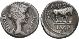 Mark Antony, 44-30 BC. Quinarius (Silver, 13 mm, 1.64 g, 3 h), Lugdunum, early 42 BC. III•VIR•R•P•C Winged bust of Victory to right, with the likeness...