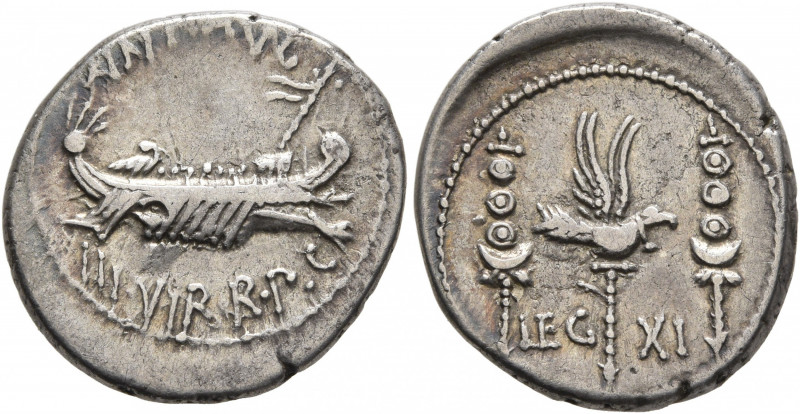 Mark Antony, 44-30 BC. Denarius (Silver, 19 mm, 3.59 g, 5 h), military mint movi...