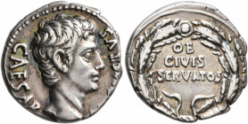 Augustus, 27 BC-AD 14. Denarius (Silver, 17 mm, 3.75 g, 6 h), uncertain mint in Spain (Colonia Patricia?), 19 BC. CAESAR AVGVSTVS Bare head of Augustu...
