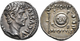 Augustus, 27 BC-AD 14. Denarius (Silver, 18 mm, 3.92 g, 7 h), uncertain mint in Spain (Colonia Patricia?), circa 19 BC. [CAESAR] AVGVSTVS Bare head of...