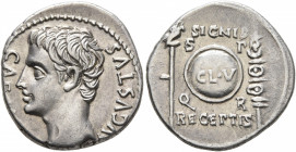 Augustus, 27 BC-AD 14. Denarius (Silver, 19 mm, 3.64 g, 4 h), uncertain mint in Spain (Colonia Patricia?), circa 19 BC. CAE[SAR] AVGVSTVS Bare head of...