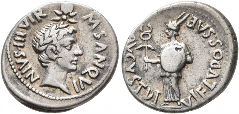Augustus, with Divus Julius Caesar, 27 BC-AD 14. Denarius (Silver, 20 mm, 3.76 g...