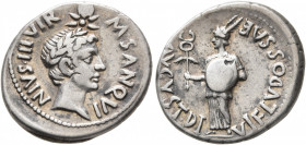 Augustus, with Divus Julius Caesar, 27 BC-AD 14. Denarius (Silver, 20 mm, 3.76 g, 8 h), M. Sanquinius, moneyer, Rome, 17 BC. M SANQVINIVS•III•VIR Yout...