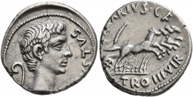 Augustus, 27 BC-AD 14. Denarius (Silver, 19 mm, 3.93 g, 10 h), C. Marius C F Tro...