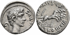 Augustus, 27 BC-AD 14. Denarius (Silver, 19 mm, 3.93 g, 10 h), C. Marius C F Tro, moneyer, Rome, 13 BC. AVGVSTVS Bare head of Augustus to right; behin...