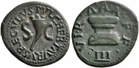 Augustus, 27 BC-AD 14. Quadrans (Copper, 18 mm, 2.97 g, 7 h), Pulcher, Taurus, and Regulus, moneyers, Rome, 8 BC. PVLCHER TAVRVS REGVLVS / S - C Cornu...