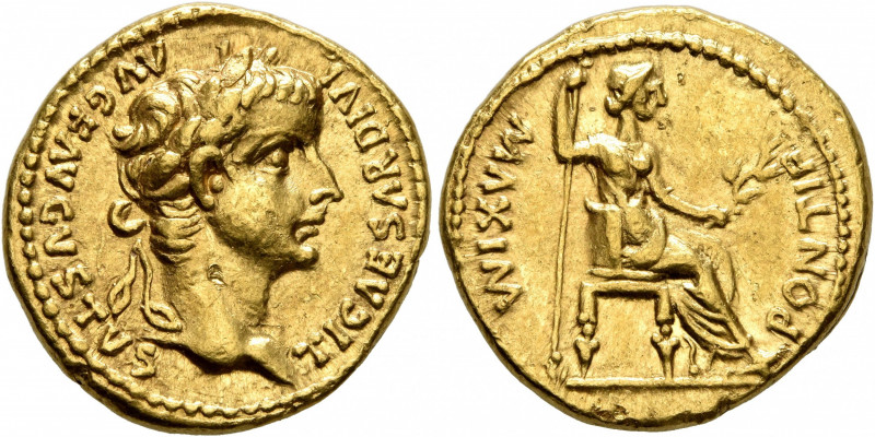 Tiberius, 14-37. Aureus (Gold, 18 mm, 7.74 g, 3 h), Lugdunum. TI CAESAR DIVI AVG...