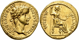 Tiberius, 14-37. Aureus (Gold, 18 mm, 7.74 g, 3 h), Lugdunum. TI CAESAR DIVI AVG F AVGVSTVS Laureate head of Tiberius to right. Rev. PONTIF MAXIM Livi...