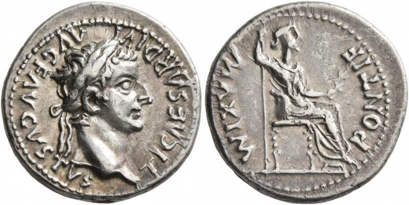Tiberius, 14-37. Denarius (Silver, 19 mm, 3.77 g, 10 h), Lugdunum. TI CAESAR DIV...