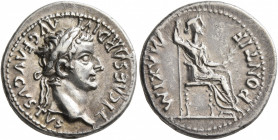 Tiberius, 14-37. Denarius (Silver, 19 mm, 3.77 g, 10 h), Lugdunum. TI CAESAR DIVI AVG F AVGVSTVS Laureate head of Tiberius to right. Rev. PONTIF MAXIM...