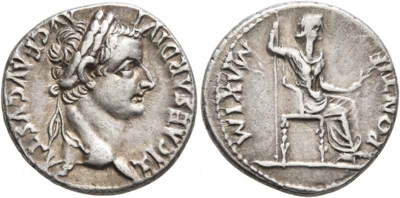 Tiberius, 14-37. Denarius (Silver, 18 mm, 3.77 g, 6 h), Lugdunum. TI CAESAR DIVI...
