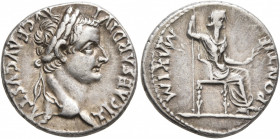 Tiberius, 14-37. Denarius (Silver, 18 mm, 3.77 g, 6 h), Lugdunum. TI CAESAR DIVI AVG F AVGVSTVS Laureate head of Tiberius to right. Rev. PONTIF MAXIM ...